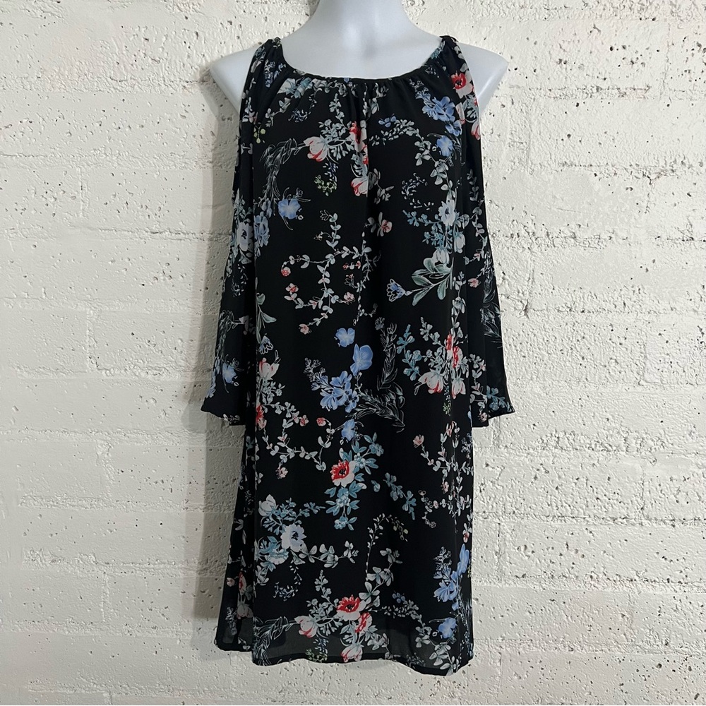 Kenar Womens Dress 10 Black Floral Cold Shoulder 3/4 Sleeve Lined I15